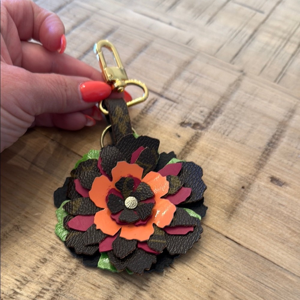 Handmade floral LV Leather Bag Charm with genuine Louis Vuitton vintage pieces!